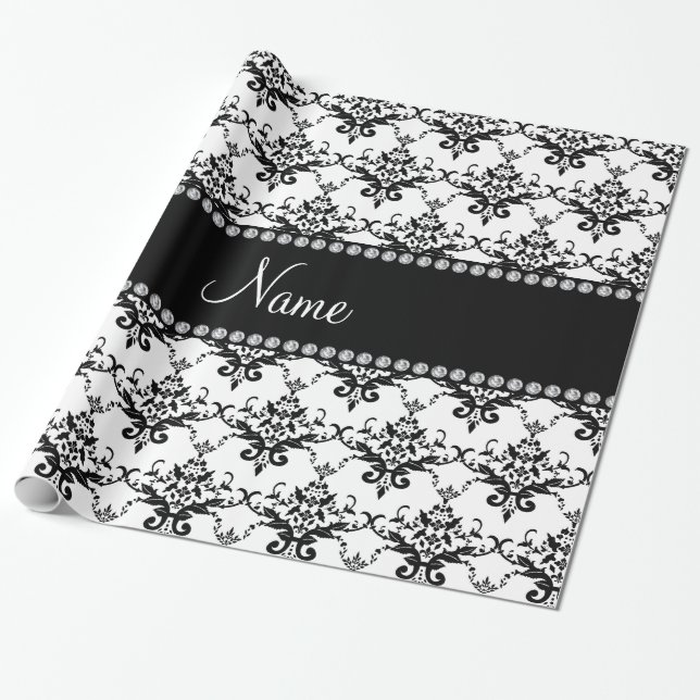 Personalized name white black damask wrapping paper (Unrolled)