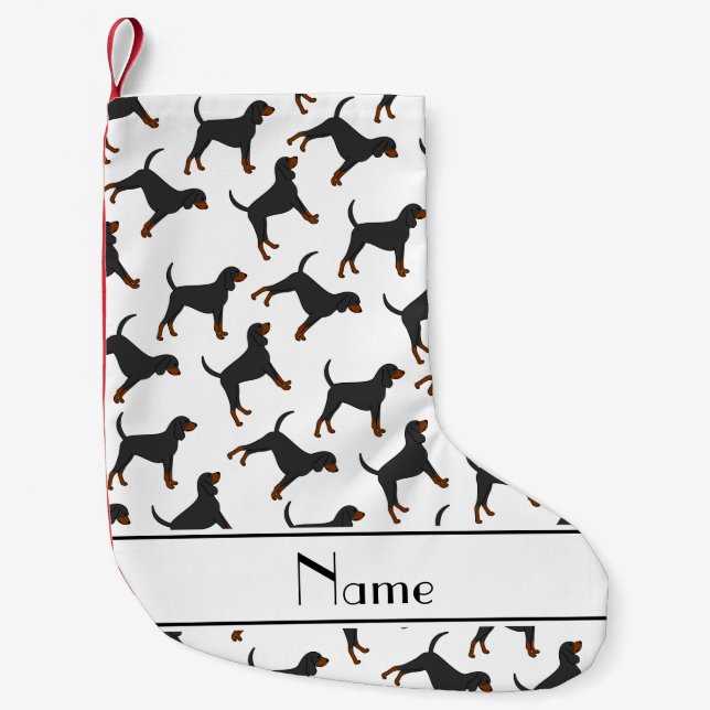 Personalized name white black tan coonhounds small christmas stocking (Front)