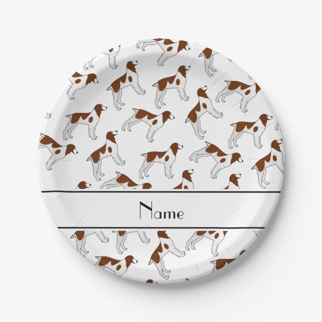 Personalized name white brittany spaniel dogs paper plate (Front)