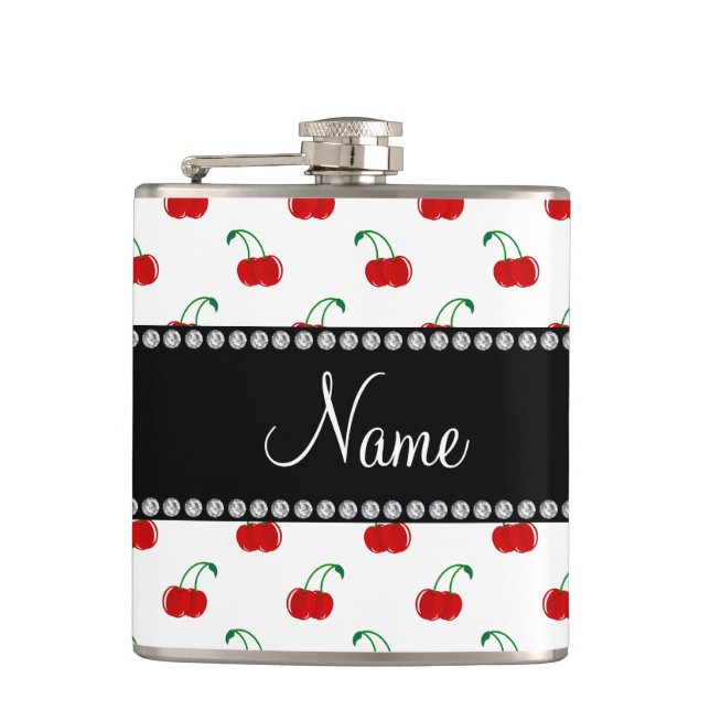 Personalized name white cherry pattern hip flask (Front)