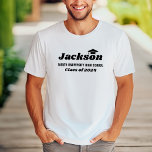 Personalized Name White Class of 2025 Graduation T-Shirt<br><div class="desc">Modern white custom graduation t-shirt design features the graduate's first name in bold black decorative style with grad cap accent (can be re-positioned if needed) and minimal class year and school name wording that can be personalized with your grad's information. Note, the tee shirt colours and style can all be...</div>