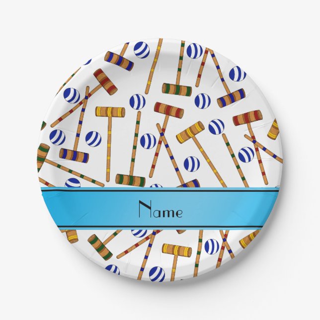 Personalized name white croquet pattern paper plate (Front)