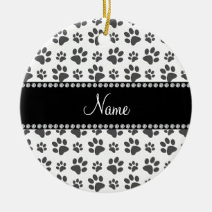 Personalized name white dog paw print ceramic ornament