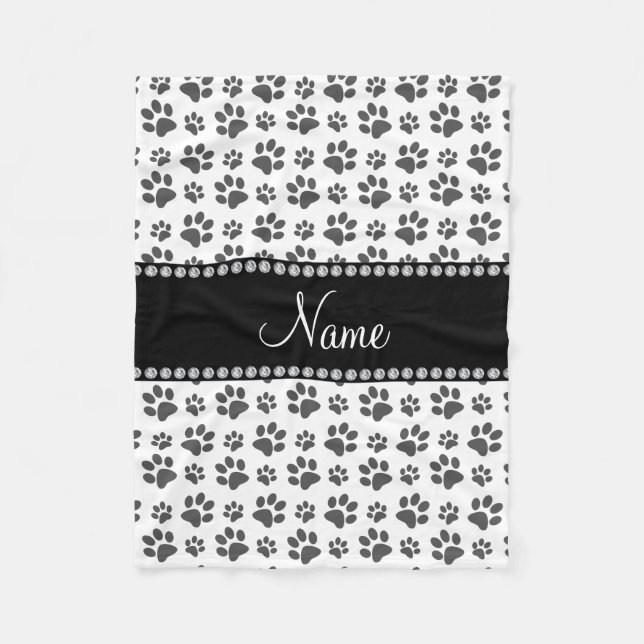 Personalized name white dog paw print fleece blanket (Front)