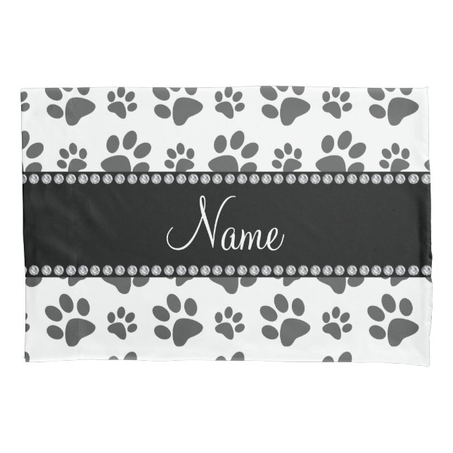 Personalized name white dog paw print pillowcase (Front)