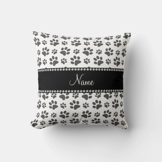 Personalized name white dog paw print throw pillow (Front)