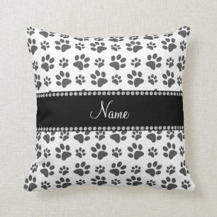 Personalized name white dog paw print throw pillow
