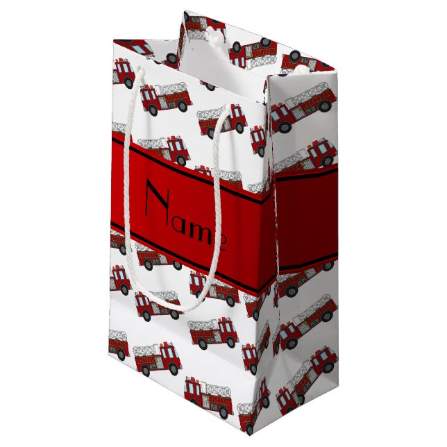 Personalized name white firetrucks red stripe small gift bag (Front Angled)
