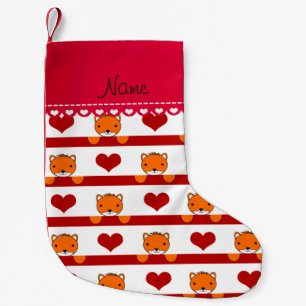 Personalized name white foxes red hearts stripes small christmas stocking