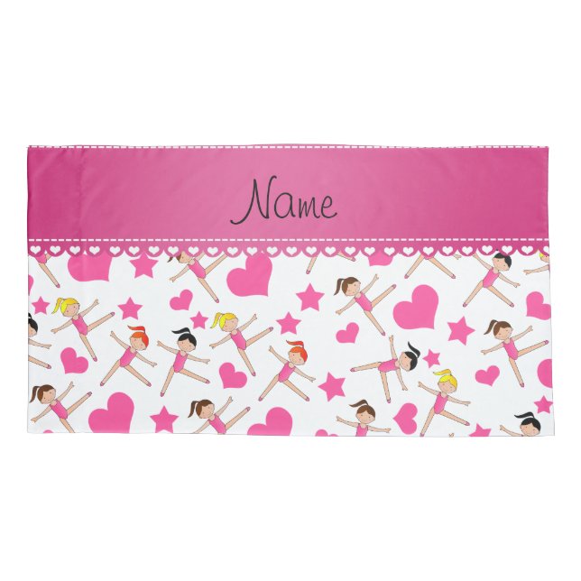 Personalized name white girl gymnasts hearts stars pillowcase (Back)
