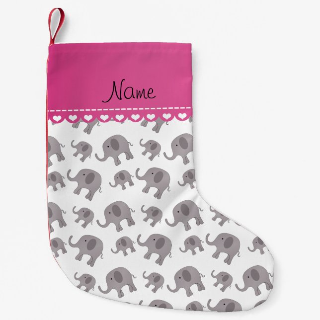 Personalized name white grey elephants small christmas stocking (Front)