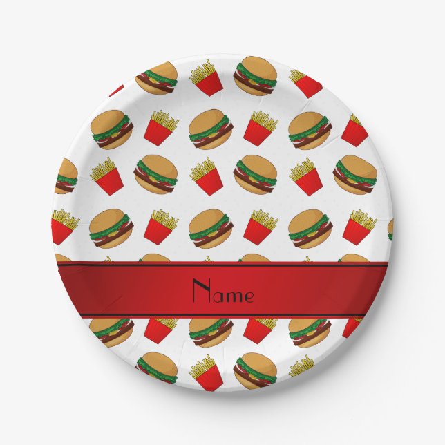 Personalized name white hamburgers fries paper plate (Front)