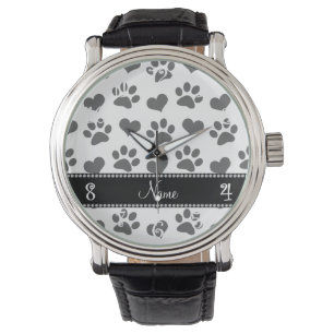 Personalized name white hearts and paw prints watch