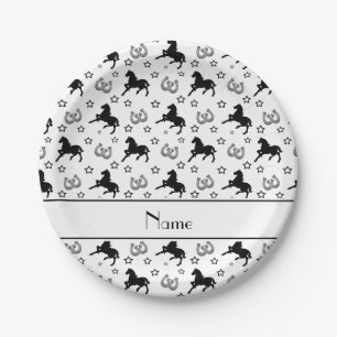 Personalized name white horses stars horseshoes paper plate