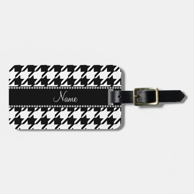 Personalized name white houndstooth luggage tag (Front Horizontal)