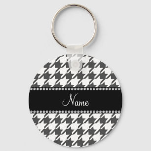 Personalized name white houndstooth pattern keychain