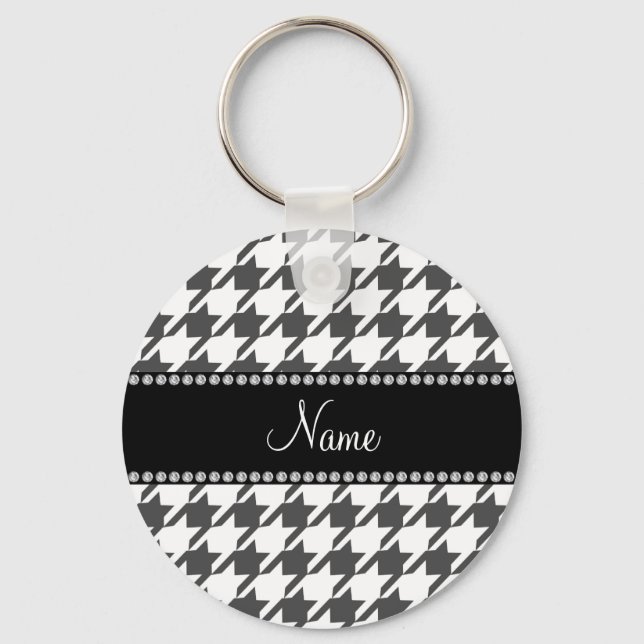 Personalized name white houndstooth pattern keychain (Front)
