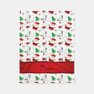 Personalized name white lacrosse christmas pattern fleece blanket
