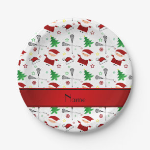 Personalized name white lacrosse christmas pattern paper plate