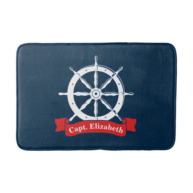 Personalized name, white nautical navy ship wheel, bath mat (Front)