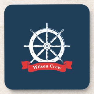 Personalized name, white nautical navy ship wheel, coaster