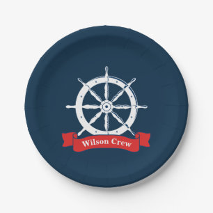 Personalized name, white nautical navy ship wheel, paper plate