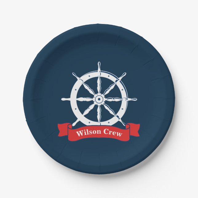 Personalized name, white nautical navy ship wheel, paper plate (Front)