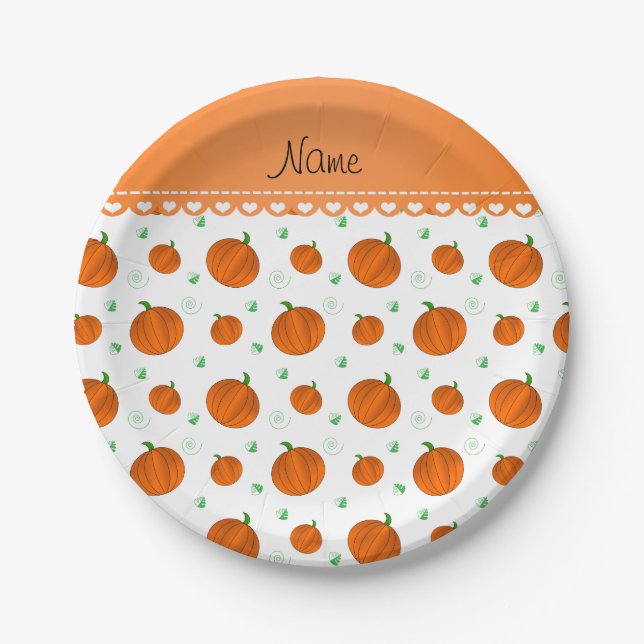 Personalized name white orange pumpkins paper plate (Front)