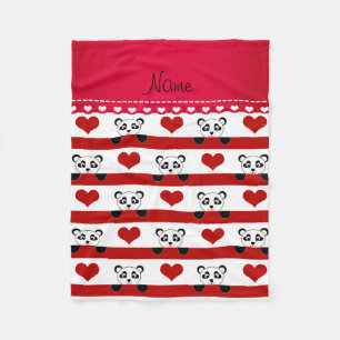 Personalized name white panda red heart stripes fleece blanket