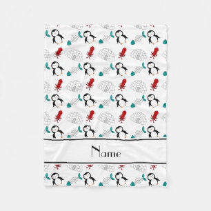 Personalized name white penguins igloo fish squid fleece blanket