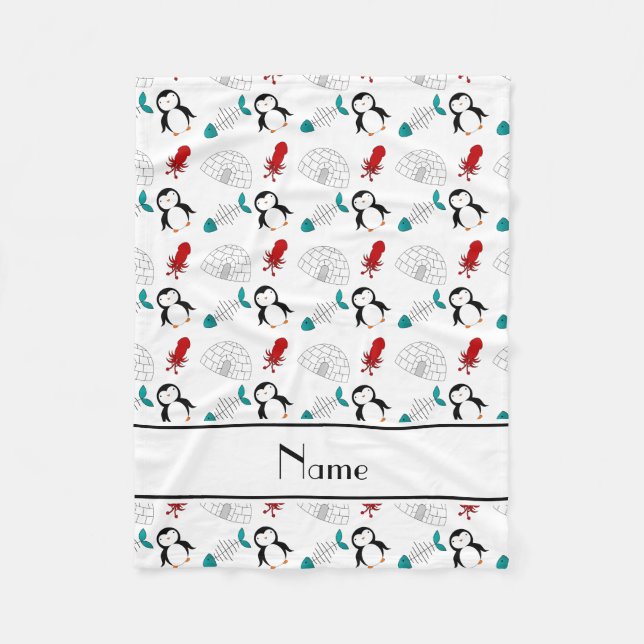 Personalized name white penguins igloo fish squid fleece blanket (Front)