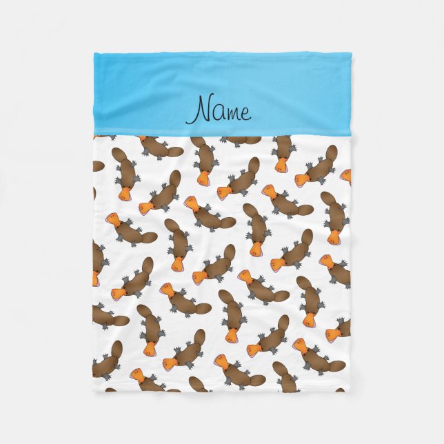 Personalized name white platypus pattern fleece blanket (Front)