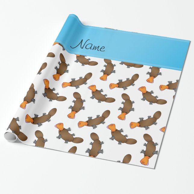 Personalized name white platypus pattern wrapping paper (Unrolled)