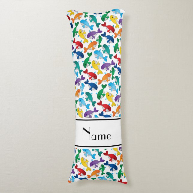 Personalized name white rainbow blue whales body pillow (Front Vertical)