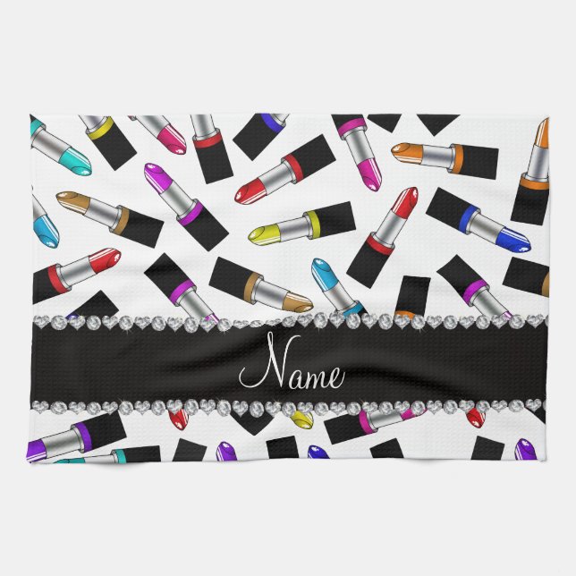 Personalized name white rainbow lipstick kitchen towel (Horizontal)