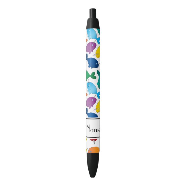 Personalized name white rainbow narwhals black ink pen (Front Vertical)