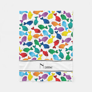 Personalized name white rainbow narwhals fleece blanket