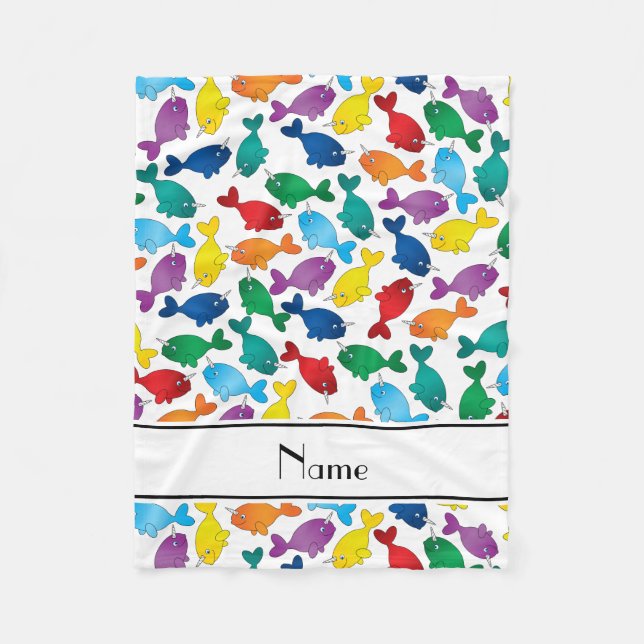 Personalized name white rainbow narwhals fleece blanket (Front)