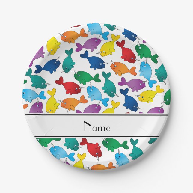 Personalized name white rainbow narwhals paper plate (Front)