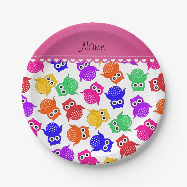 Personalized name white rainbow owls paper plate (Front)