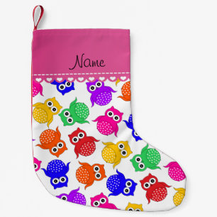 Personalized name white rainbow owls small christmas stocking