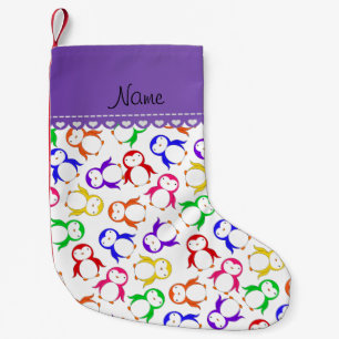 Personalized name white rainbow penguins small christmas stocking