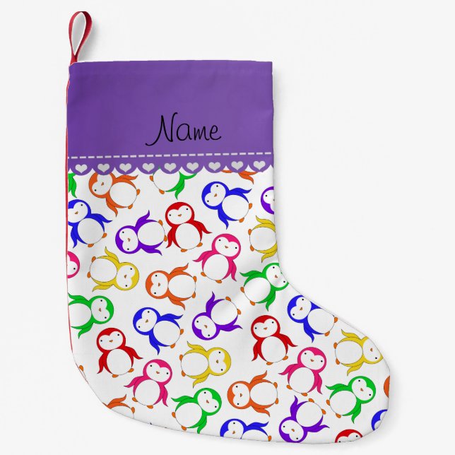 Personalized name white rainbow penguins small christmas stocking (Front)