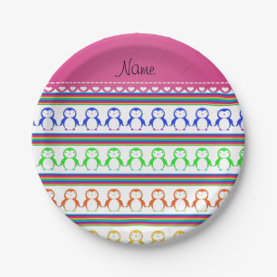 Personalized name white rainbow stripes penguins paper plate