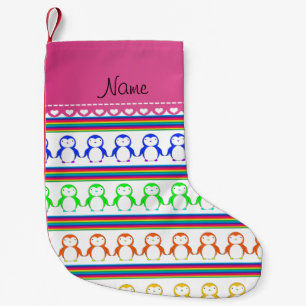 Personalized name white rainbow stripes penguins small christmas stocking
