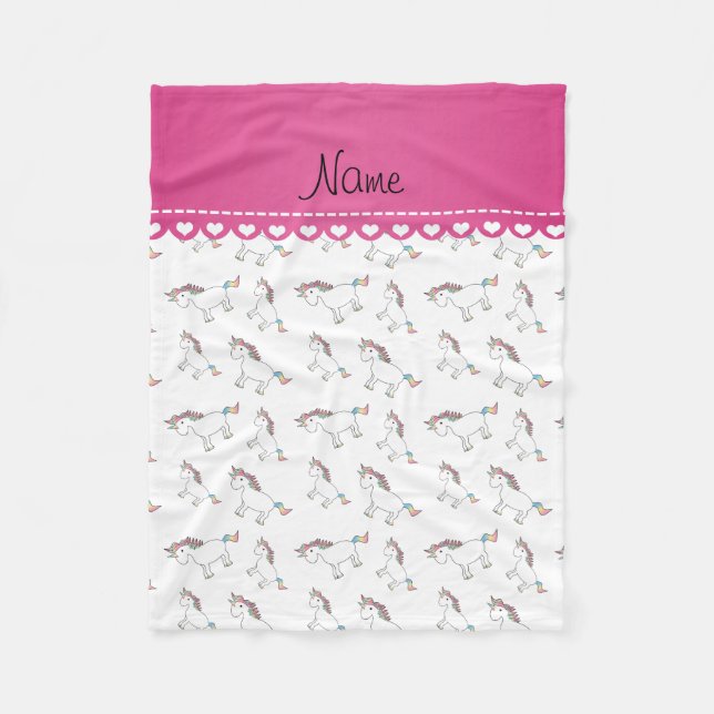 Personalized name white rainbow unicorns fleece blanket (Front)