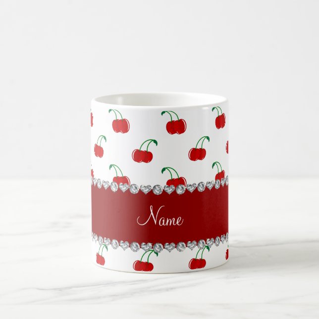 Personalized name white red cherries red stripe coffee mug (Center)