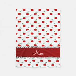 Personalized name white red cherries red stripe fleece blanket