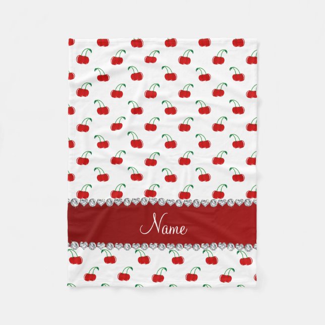 Personalized name white red cherries red stripe fleece blanket (Front)