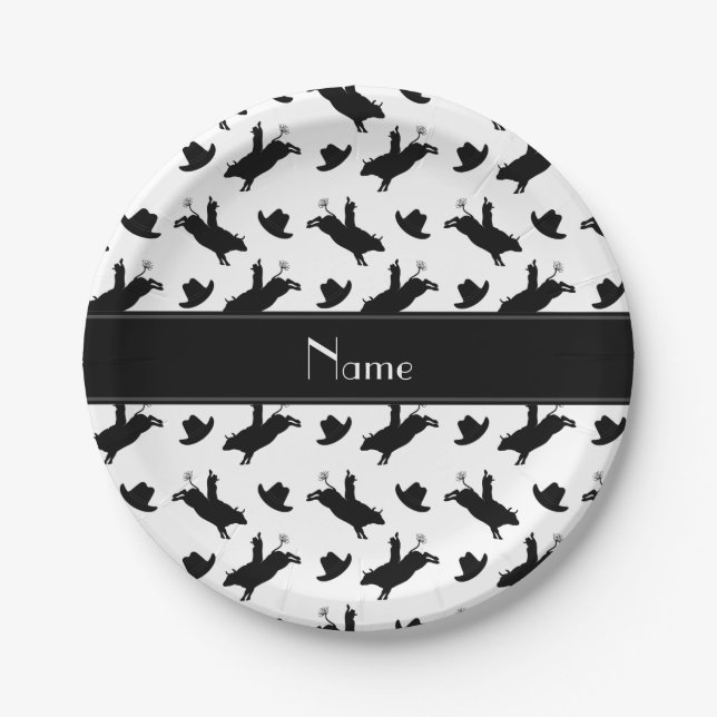 Personalized name white rodeo bull riding pattern paper plate (Front)